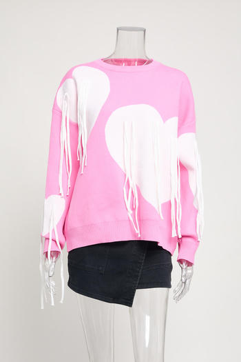 casual slight stretch contrast color heart tassel knitted loose sweater