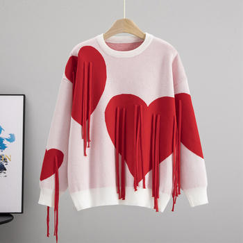 casual slight stretch contrast color heart tassel knitted loose sweater #1