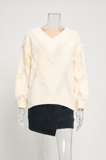casual slight stretch solid color loose tassel all-match sweater