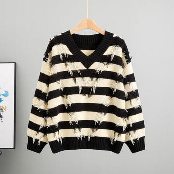 casual slight stretch stripe loose tassel all-match sweater