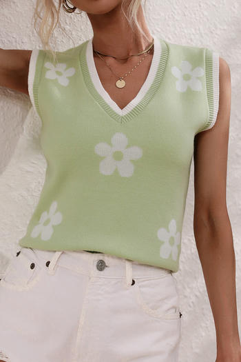 casual slight stretch 4 colors knitted floral pattern vest