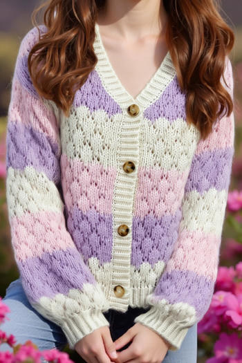 casual slight stretch contrast color knit v-neck cardigan sweater