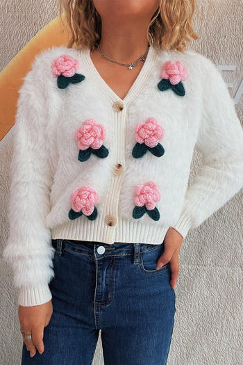 casual slight stretch three-dimensional flower decor knitted plush cardigan