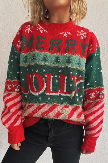 christmas slight stretch contrast color jacquard letter knitted sweater