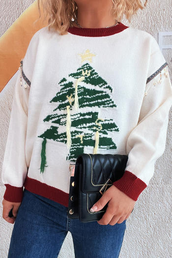 christmas tree pattern slight stretch tassel decor knitted sweater