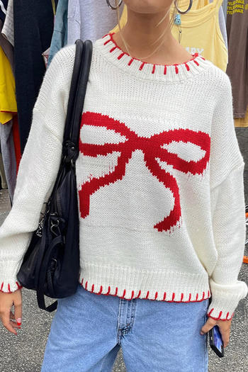 casual slight stretch knitted bow jacquard loose sweater