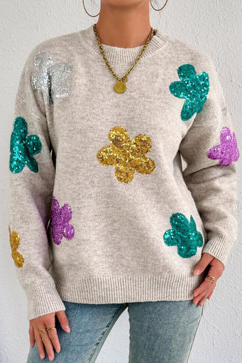 casual slight stretch colorful flower sequins knitted sweater