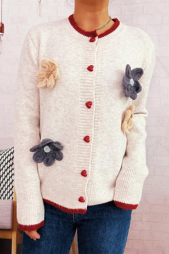 casual slight stretch flower decor single-breasted knitted cardigan