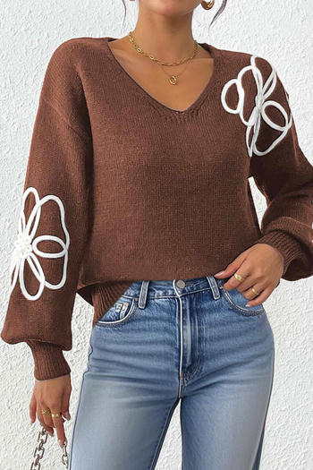 casual slight stretch ribbed knit flower embroidery v-neck sweaters