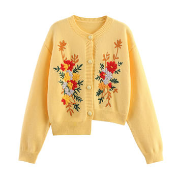 casual slight stretch ribbed knit flower embroidery crew neck sweaters