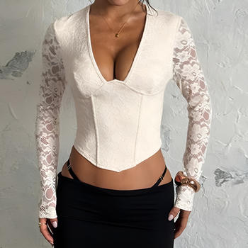 casual slight stretch lace patchwork slim fit v-neck top