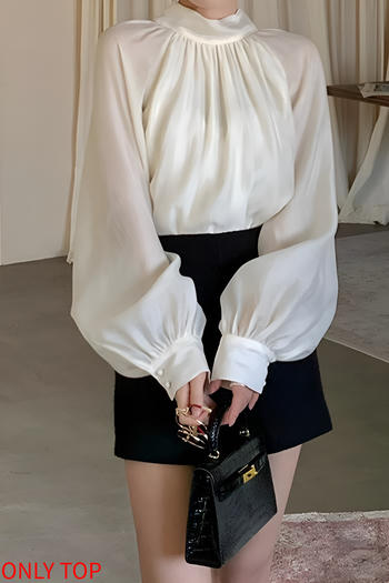 casual non-stretch crew neck solid color shirring blouses