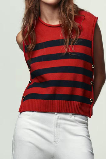 casual slight stretch ribbed knit crew neck stripe pattern sleeveless sweaters