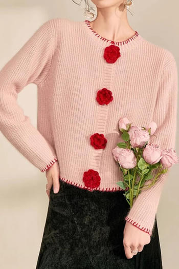 casual slight stretch ribbed knit contrast color flower decor sweaters
