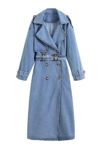 casual non-stretch denim suit collar with belt long jacket