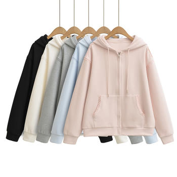 casual slight stretch lace trim zip-up hooded sweatshirts(size run small)