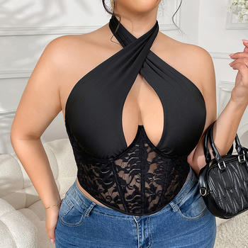 sexy plus size stretch tight lace splicing vest with underwire & rubber bone