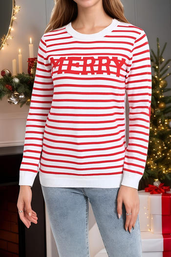 christmas stylish slight stretch stripe and letter knitted all-match sweater