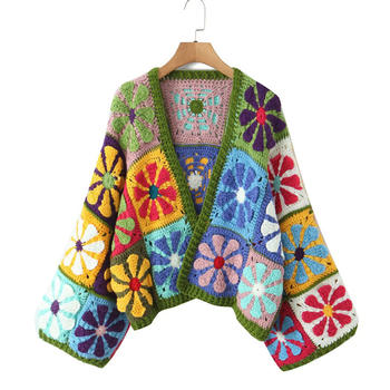 casual non-stretch crochet flower pattern sweaters(size run small)