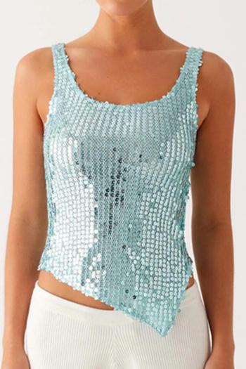 stylish slight stretch sequin decor oblique hem all-match vest