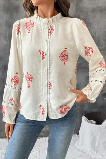 casual non-stretch stand collar ethnic style printing blouses