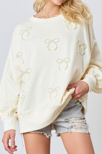 casual slight stretch solid color loose pearls bow decor sweatshirt