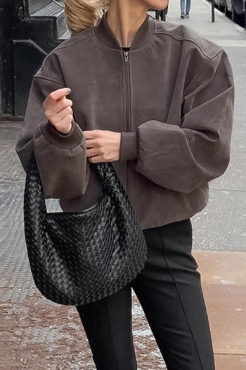 casual non-stretch suede fabric crew neck zip-up jacket