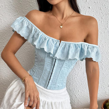sexy non-stretch off-shoulder tight embroidery flower lace-up backless top #1