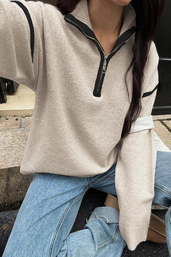 Casual slight stretch knitted zip-up loose all-match sweater