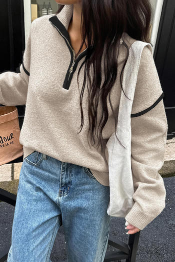 Casual slight stretch knitted zip-up loose all-match sweater