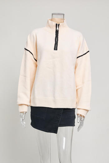 Casual slight stretch knitted zip-up loose all-match sweater