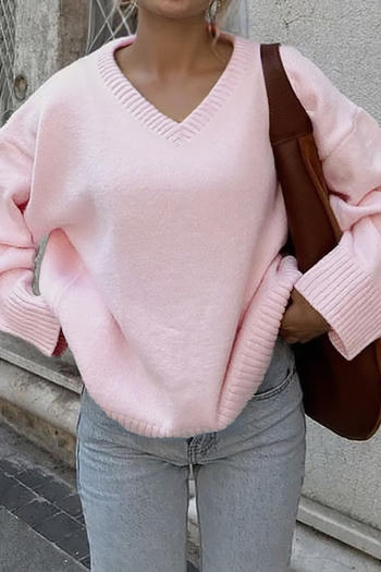 casual slight stretch knitted 4 colors v-neck long sleeve loose sweater