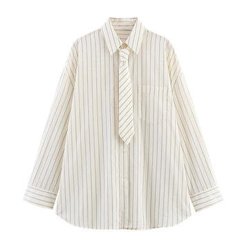 casual non-stretch stripe printing lapel with tie blouses