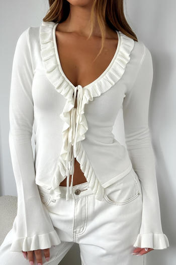 stylish slight stretch knitted 4 colors v-neck ruffle lace-up all-match sweater