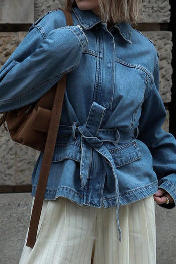casual non-stretch denim lapel with belt jacket