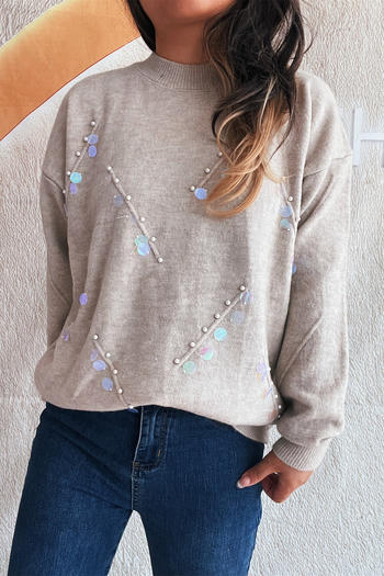casual slight stretch solid color sequins decor knitted sweater