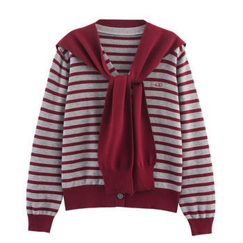 casual slight stretch 3 colors stripe pattern with scarf sweaters
