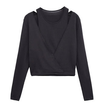 Casual slight stretch crew neck solid color hollow top