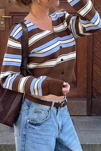 casual slight stretch v-neck crop all-match knitted striped cardigan