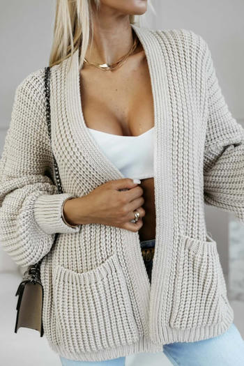 casual slight stretch solid color large pocket loose knit cardigan