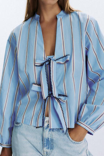 casual non-stretch stripe printing v-neck lace-up blouses#2