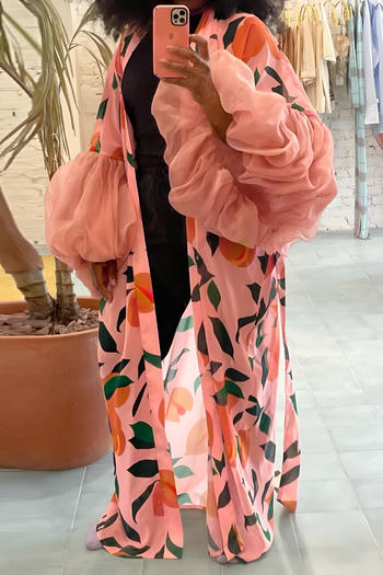 stylish non-stretch splicing sleeves printed pattern loose outerwear with belt