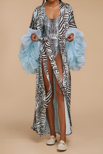 stylish non-stretch splicing sleeves zebra print loose outerwear with belt