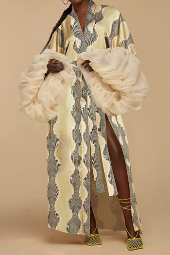 stylish non-stretch splicing sleeves batch printing loose outerwear with belt #1