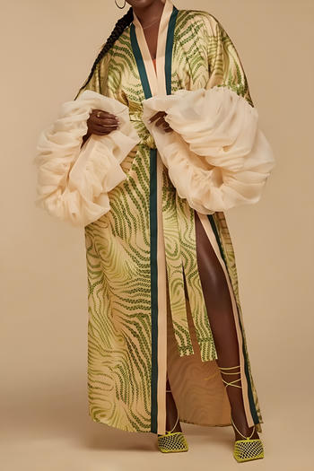 stylish non-stretch splicing sleeves batch printing loose outerwear with belt #2