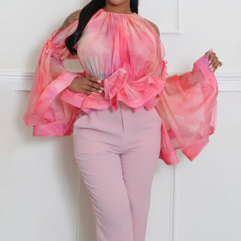 stylish non-stretch tie-dye printed mesh flared sleeves top