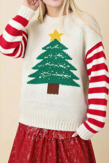 christmas tree jacquard slight stretch knit striped long sleeve sweater
