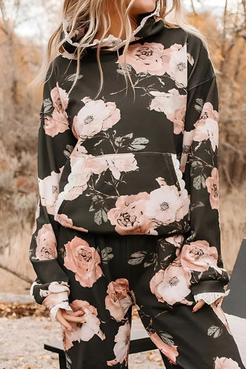 casual new non-stretch floral print fleece hooded sweatshirt