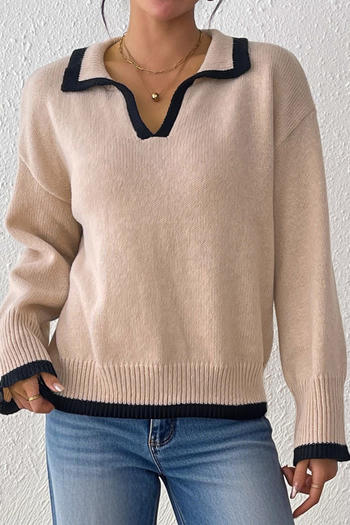 casual slight stretch color-block knitted turndown collar all-match sweater