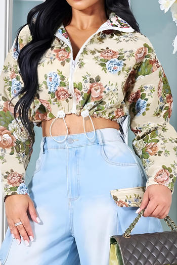 casual plus size non-stretch floral print crop drawstring jacket